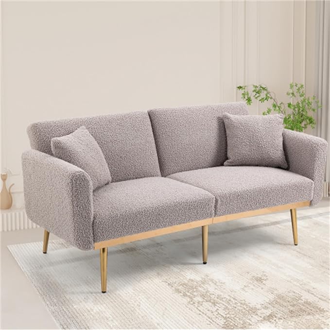 Convertible Futon Sofa Bed, Teddy Upholstered Folding Sleeper Sofa with Adjustable Backrest and 2 Pillows