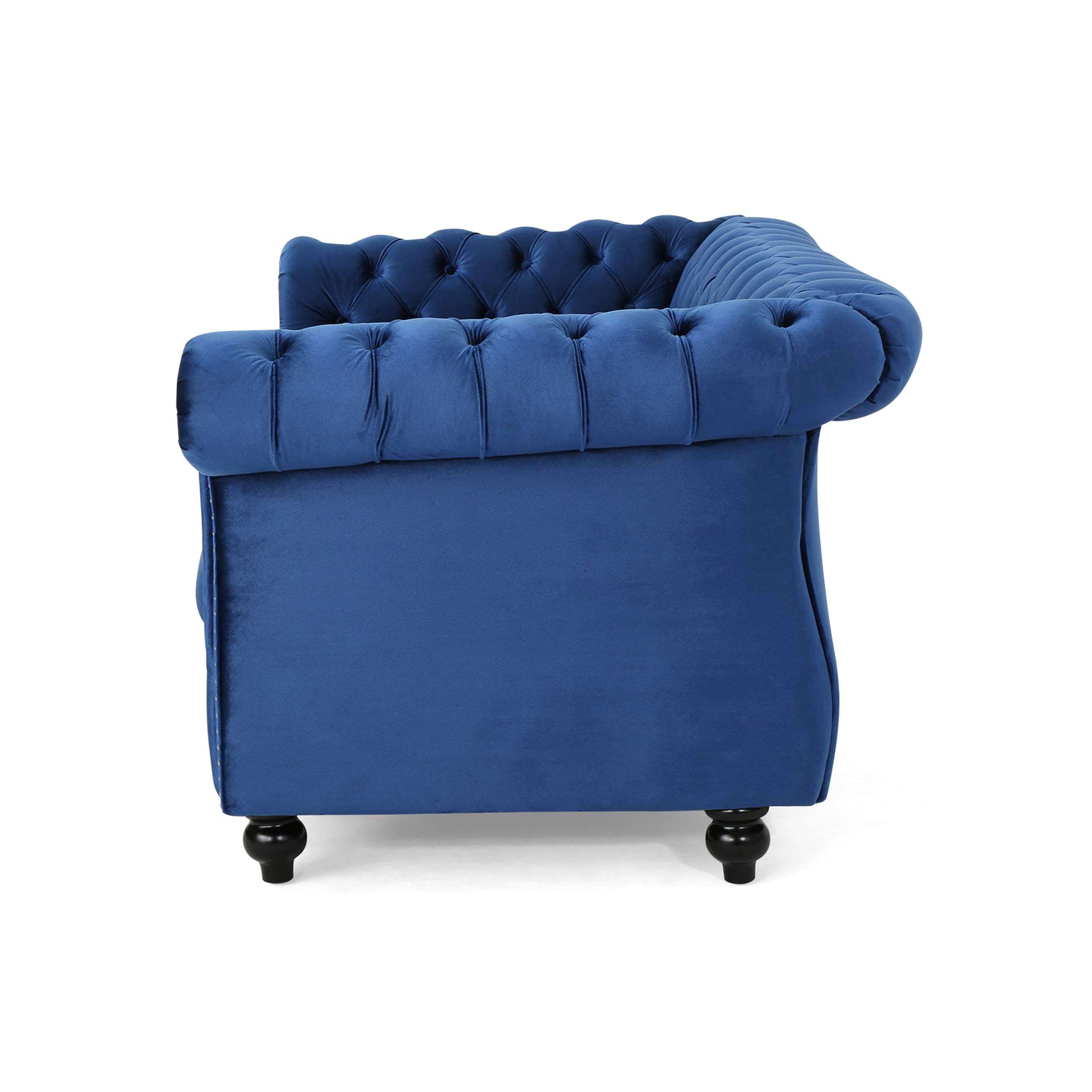 Karen Traditional Chesterfield Loveseat Sofa, Navy Blue and Dark Brown, 61.75 x 33.75 x 27.75