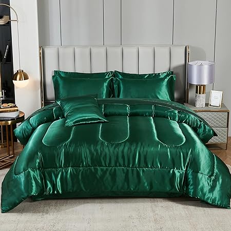 Silk Like Blue Comforter Set with Sheet Set Queen 8 Pieces Satin Bedding