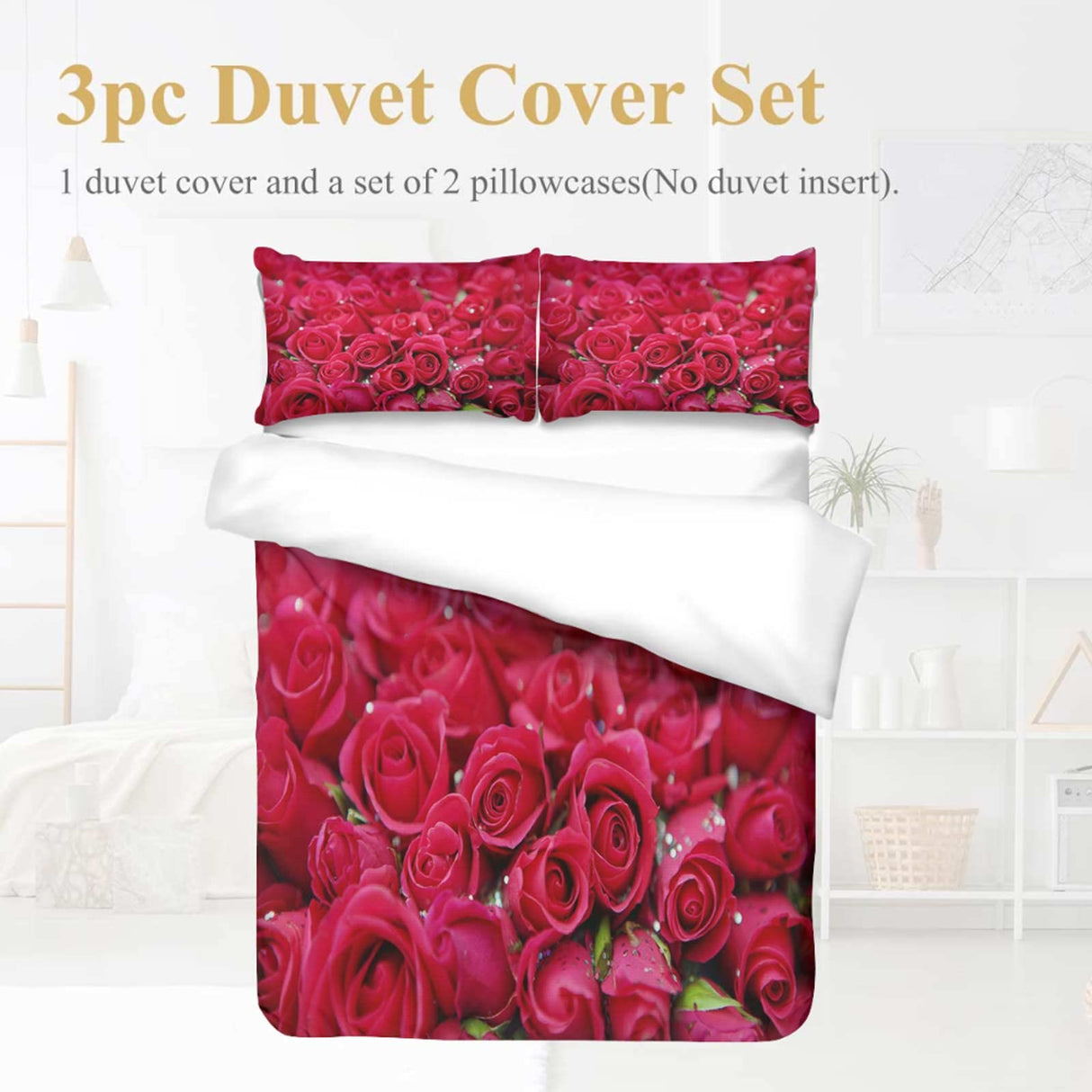3PCS Comforter Cover Set with 2 Pillow Shams Lightweight Full Size Very Beautiful Flowers for Kids Girls Bedding Quilt Bed Cover Sets