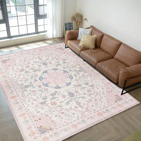 auruge Area Rug - Vintage 8x10 Non-Slip Backing Area Rugs Light Pink Soft Faux Wool Carpet Foldable & Machine Washable Rugs for Living Room Bedroom Dining Room Nursery Home Office