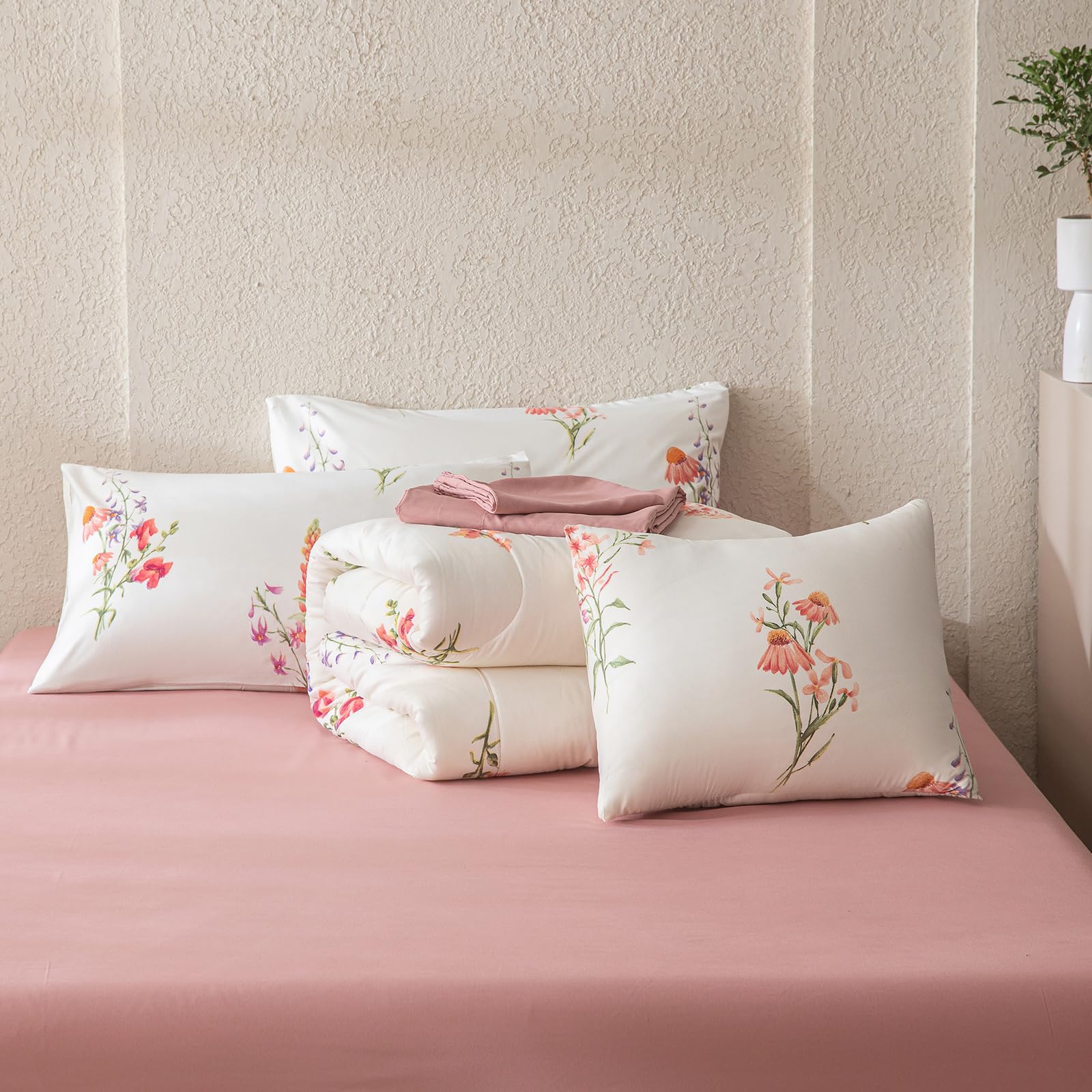 8 Pcs Bed in a Bag Queen Botanical Floral Comforter Set Pink Flowers