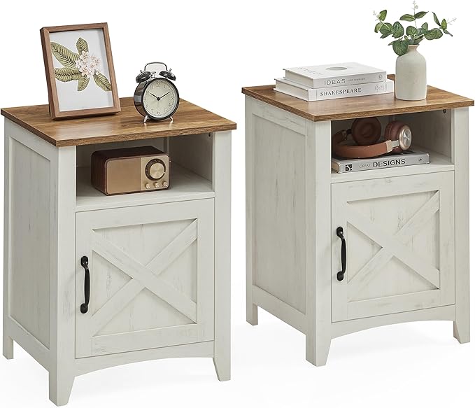 Farmhouse Nightstand with Barn Door, Set of 1/2, Bedside Table with Storage