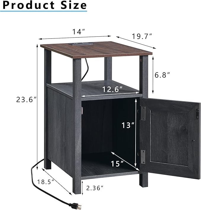 Farmhouse Nightstand Set of 2, End Table with Charging Station