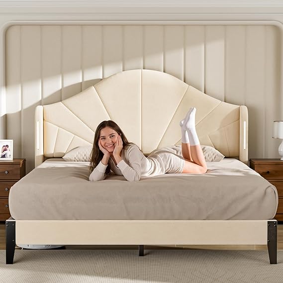 Full Bed Frame with LED Lights - Velvet Blue Upholstered Platform Bed