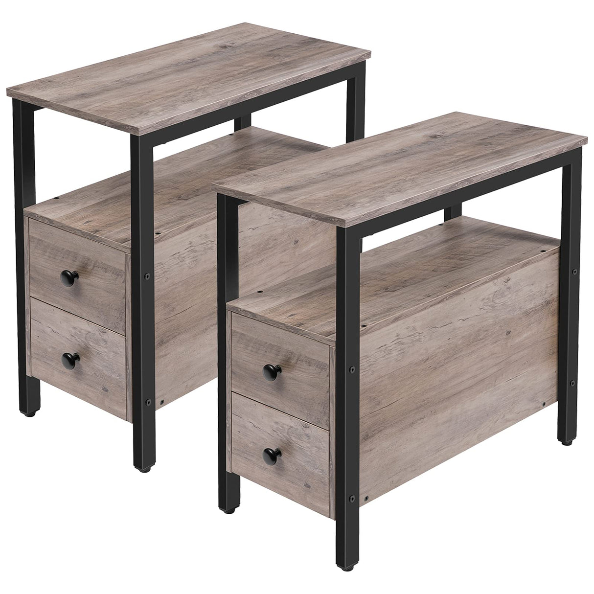 End Table Set of 2, Side Table with 2 Drawer and Open Shelf, Narrow Nightstand