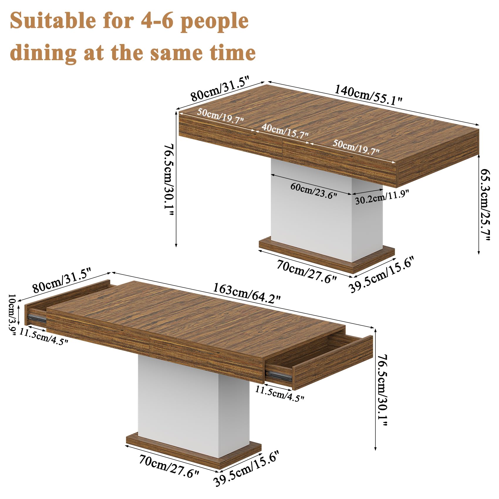 55-Inch Dining Table with Drawers & LED Lights - White & Rustic Brown