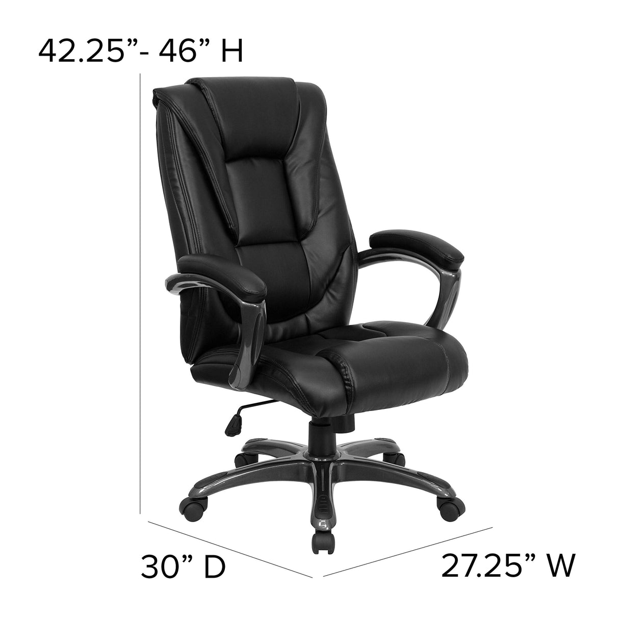 Flash Furniture Oma High Back Black LeatherSoft Layered Upholstered Executive Swivel Ergonomic Office Chair with Smoke Metal Base and Arms