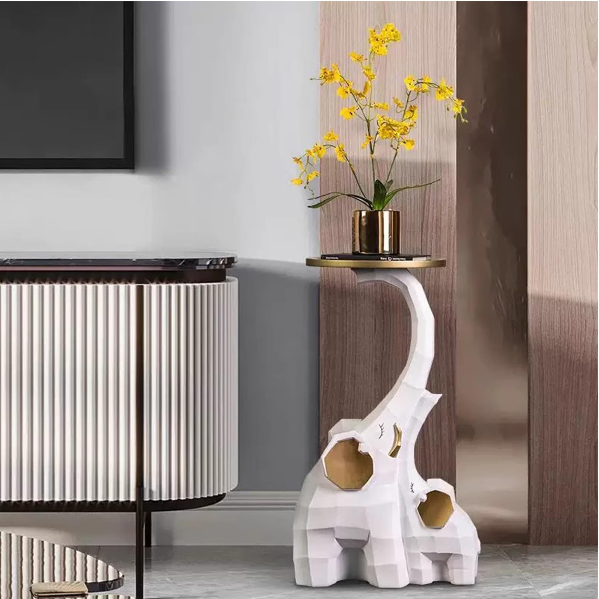 Elephant Sculpture Side Table with Tray Top - Modern Elephant Decor Floor Statue