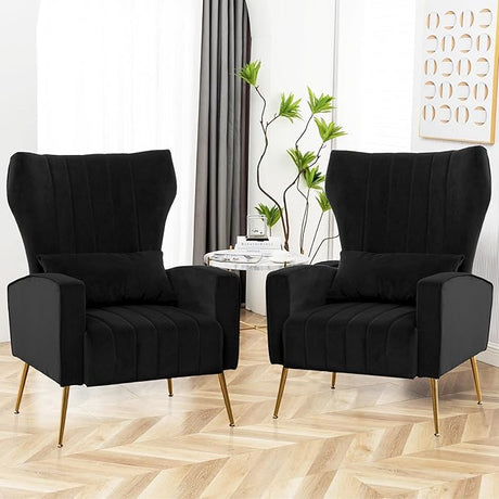 Accent Chairs Set of 2 - Upholstered Velvet Modern Comfy Wingback Armchair for Living