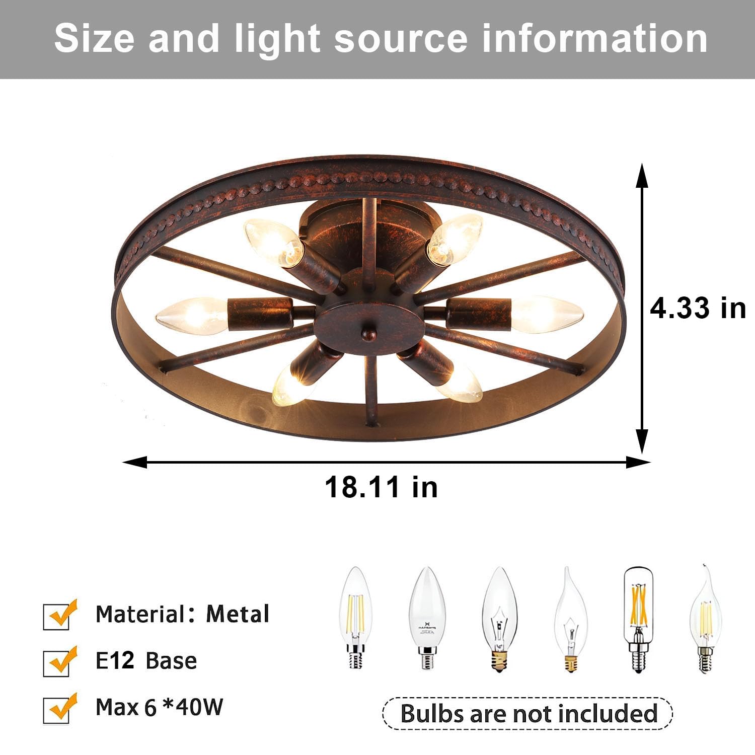 Farmhouse Round Semi Flush Mount Ceiling Light - Red Rust Finish - 6 Light