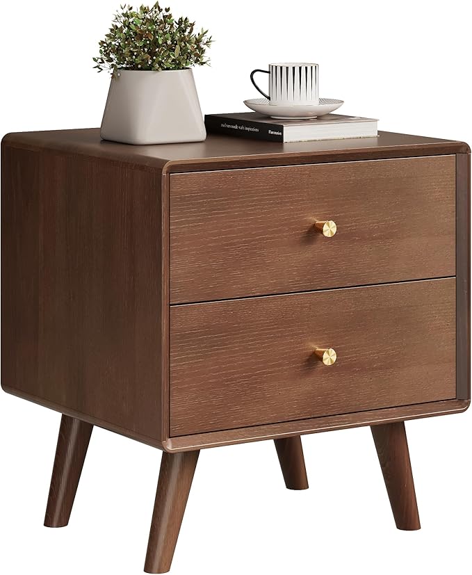 Mid Century Modern Nightstand, Walnut Oak Solid Wood Night Stand with 2 Drawers