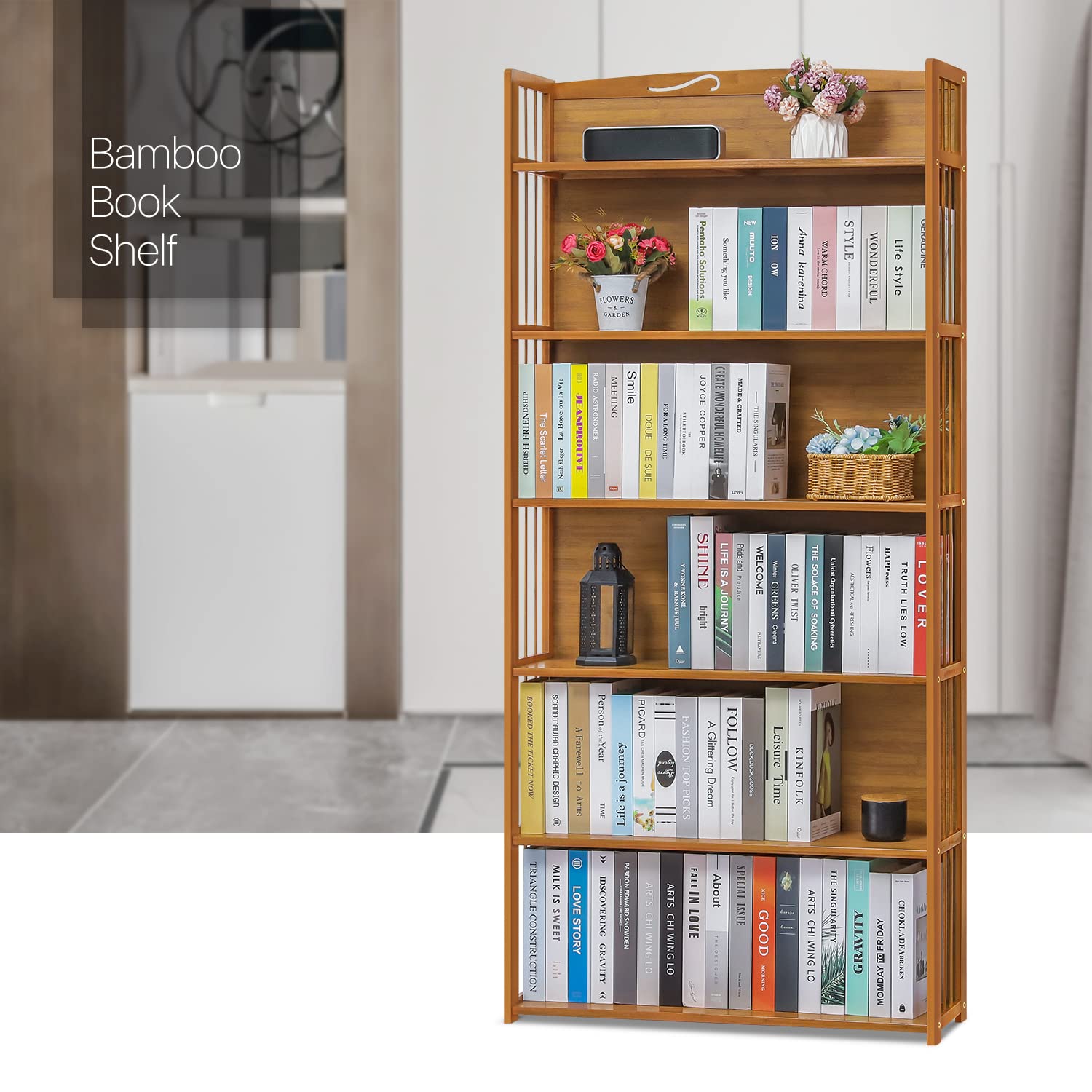 Bamboo Bookshelf, 6-Tier Adjustable Tall Bookcase Rack Organizer Shelving Free