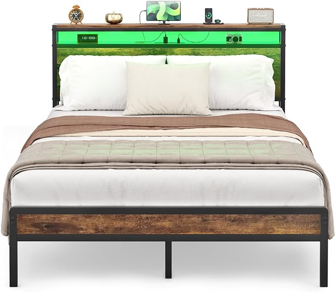 Queen Size Bed Frame with Charging Station and Led Lights, Industrial Metal Platform Bed with Storage Headboard, Steel Slat Support, No Box Spring Needed, Noise-Free, Easy Assembly, Black
