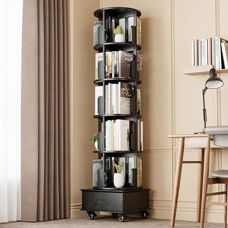 Solid Wood Rotating Book Shelf, 360° Display Bookcase with Drawer, 5-Tier Mobile Bookshelf with Wheels, 79"