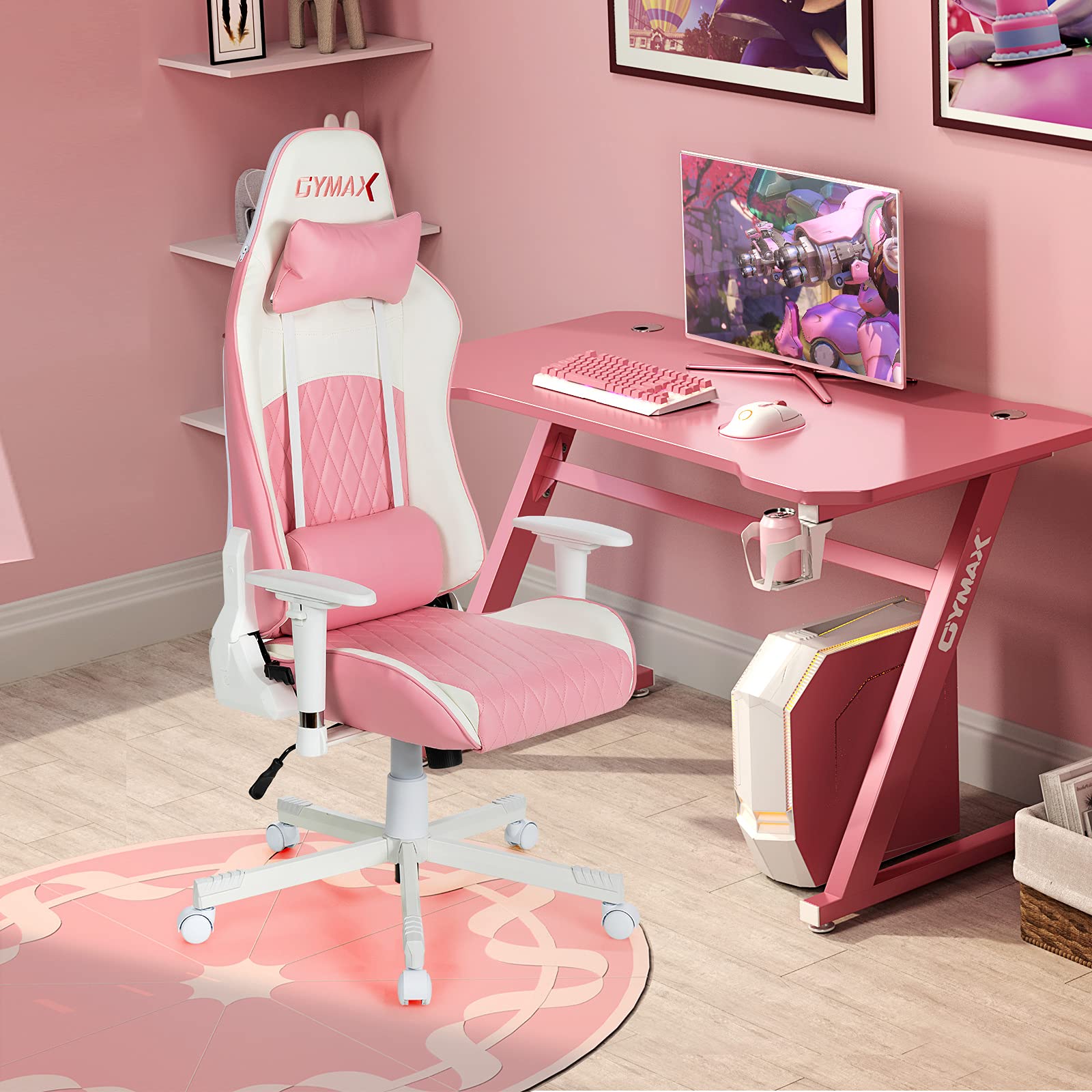 Pink Ergonomic Gaming Chair with Lumbar Support