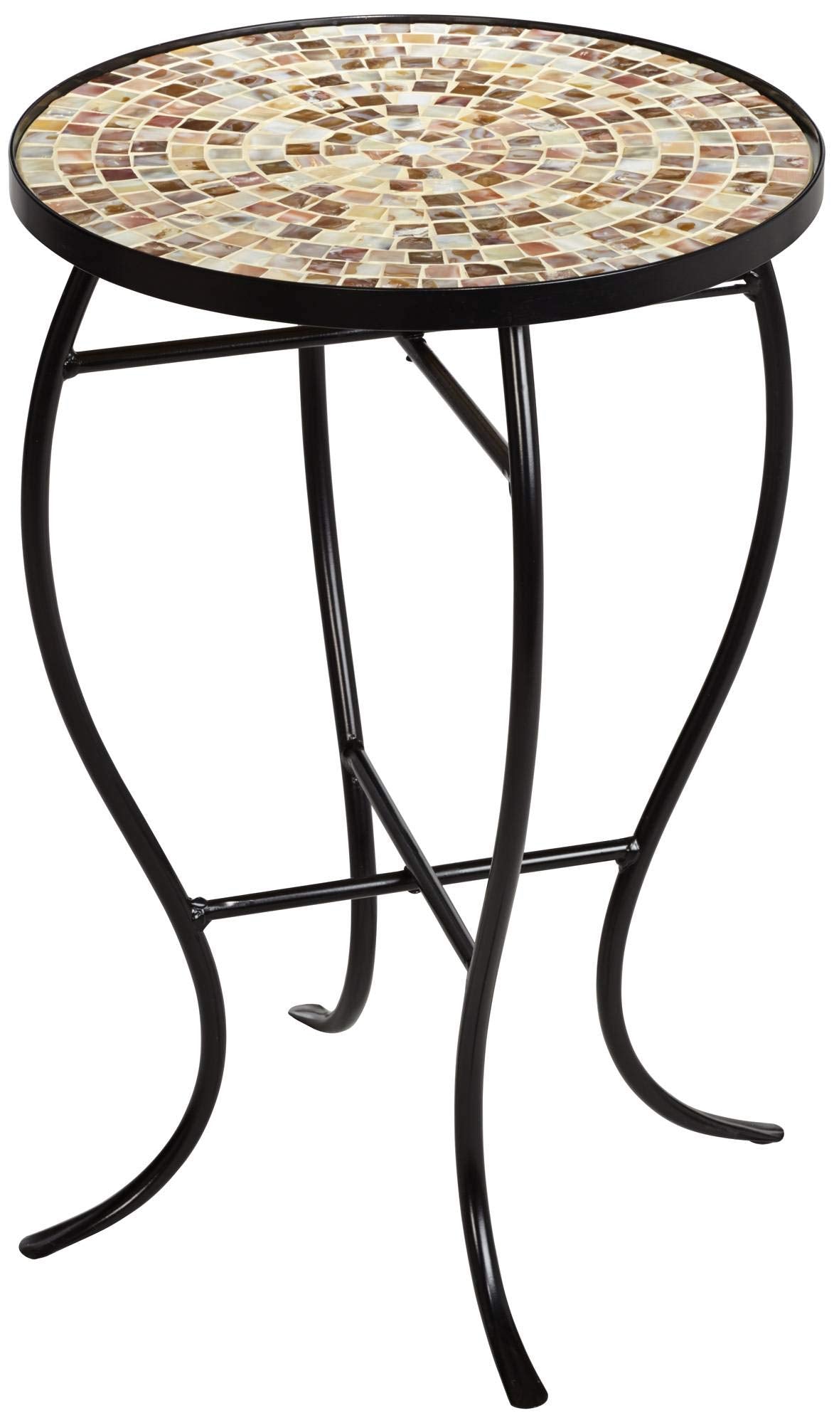 Teal Island Designs Mother of Pearl Modern Black Metal Round Outdoor Accent Side Table 14" Wide Natural Mosaic Tile Tabletop Gracefully Curved Legs for Spaces Porch Patio Home House Balcony Deck - Bircata
