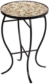 Teal Island Designs Mother of Pearl Modern Black Metal Round Outdoor Accent Side Table 14" Wide Natural Mosaic Tile Tabletop Gracefully Curved Legs for Spaces Porch Patio Home House Balcony Deck - Bircata