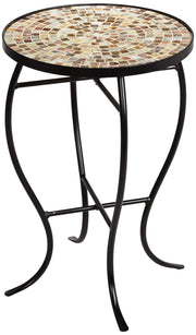 Teal Island Designs Mother of Pearl Modern Black Metal Round Outdoor Accent Side Table 14" Wide Natural Mosaic Tile Tabletop Gracefully Curved Legs for Spaces Porch Patio Home House Balcony Deck - Bircata