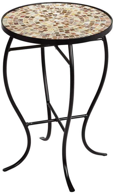 Teal Island Designs Mother of Pearl Modern Black Metal Round Outdoor Accent Side Table 14" Wide Natural Mosaic Tile Tabletop Gracefully Curved Legs for Spaces Porch Patio Home House Balcony Deck - Bircata