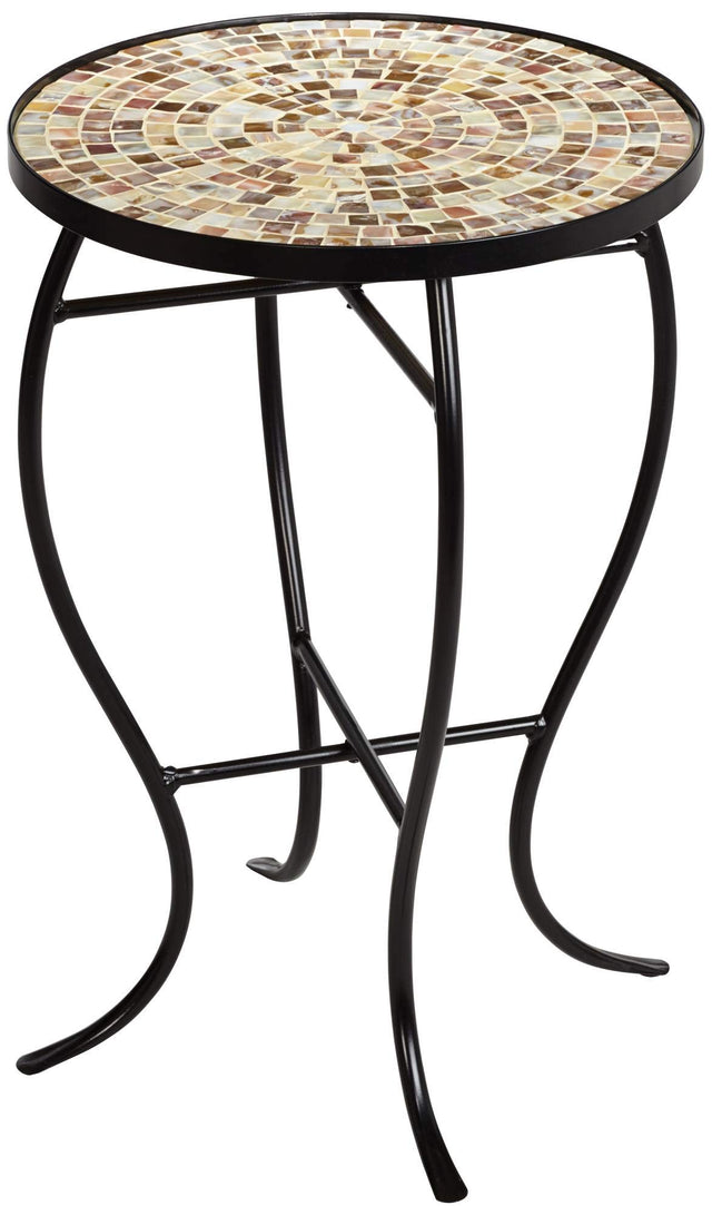 Teal Island Designs Mother of Pearl Modern Black Metal Round Outdoor Accent Side Table 14" Wide Natural Mosaic Tile Tabletop Gracefully Curved Legs for Spaces Porch Patio Home House Balcony Deck - Bircata