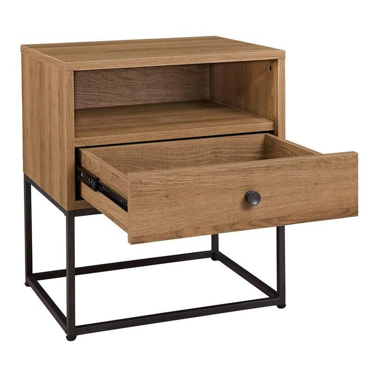 Mila 22 Inch Modern Wood Nightstand On Metal Base, Open Shelf, Brown