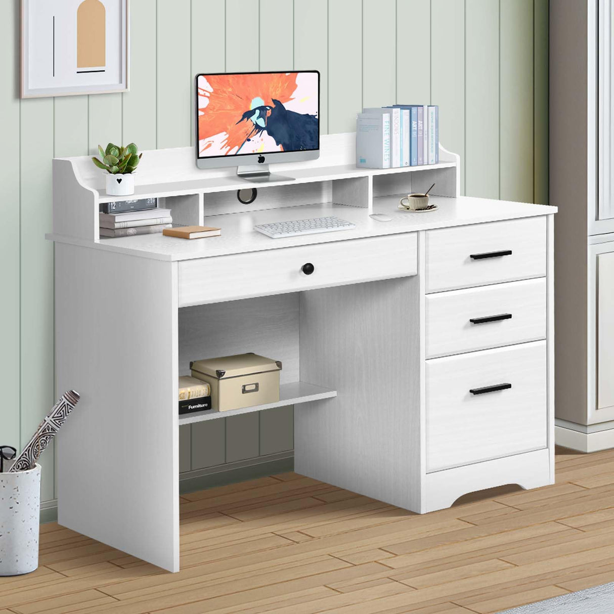 White Desk with 4 Drawers, Home Office Desks Small Desk with Hutch and Shelf