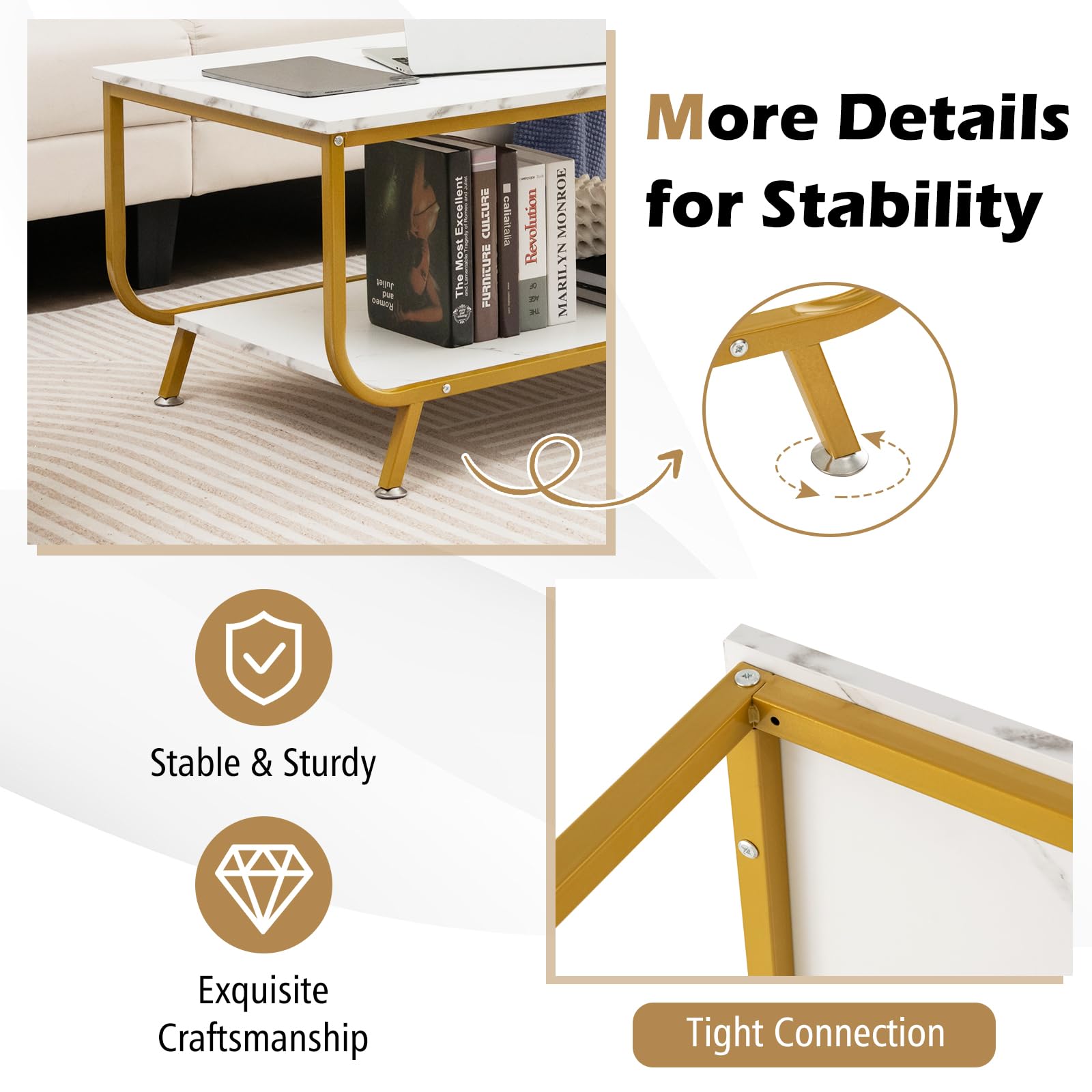 2-Tier Coffee Table, Rectangular Center Cocktail Table with Faux Marble