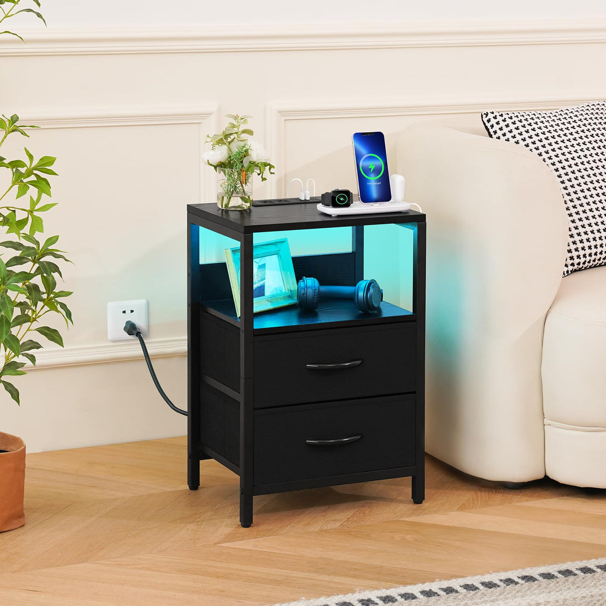 Nightstand with Charging Station, LED Night Stand with Fabric Drawers tlets