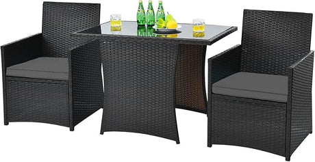 3-Piece Outdoor Wicker Bistro Set PE Rattan Dining Table Set with Cushioned Chairs