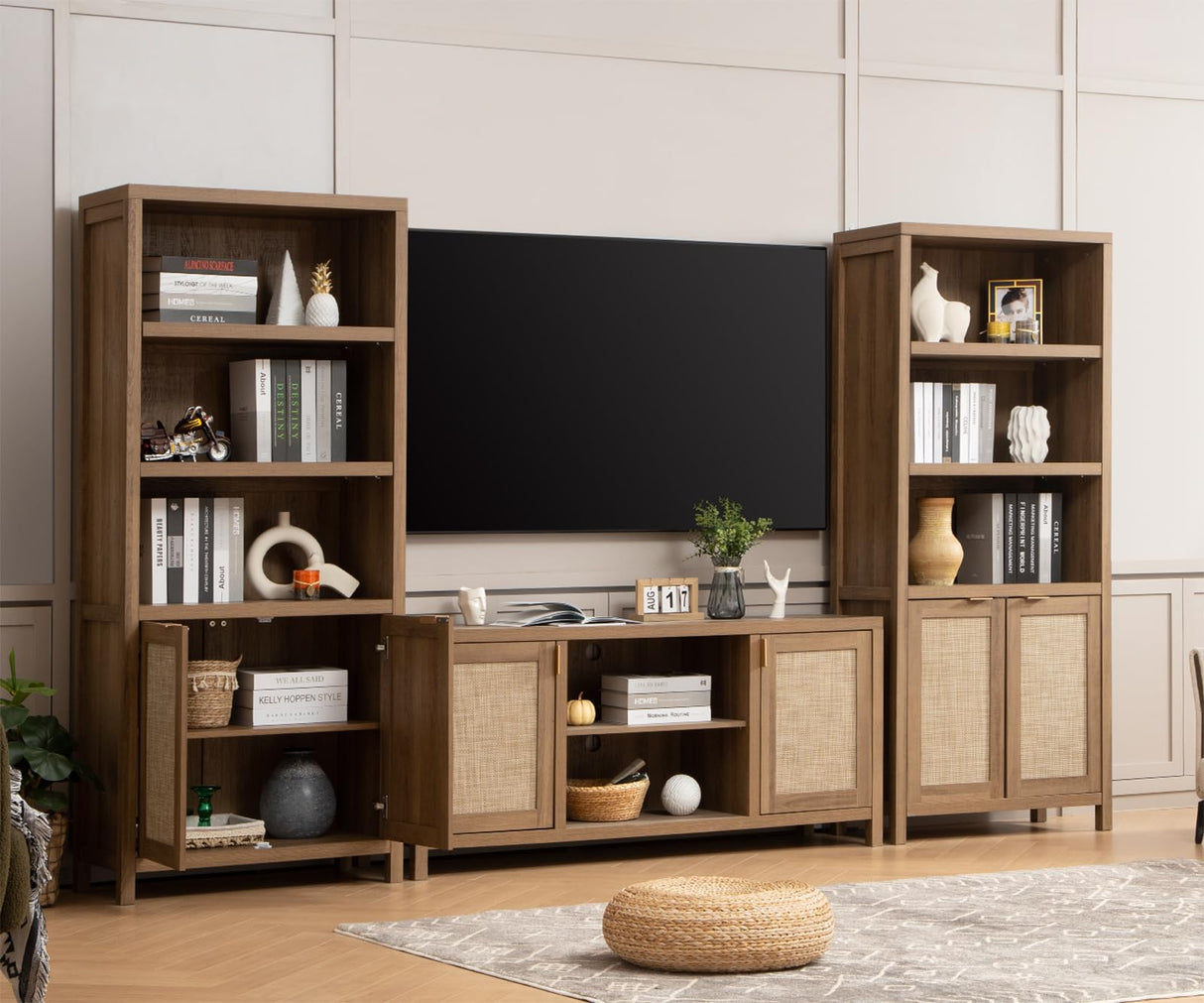 TV Stand for Living Room : Rattan TV Console Cabinet with Storage and Shelfk