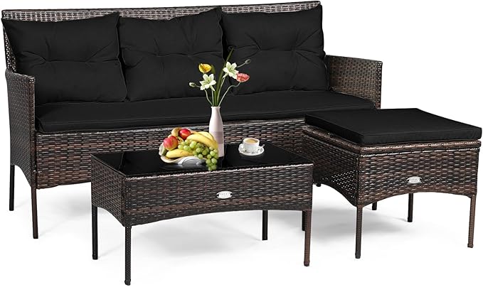 3 Pieces Patio Furniture Sectional Set, Rattan Wicker Conversation Set