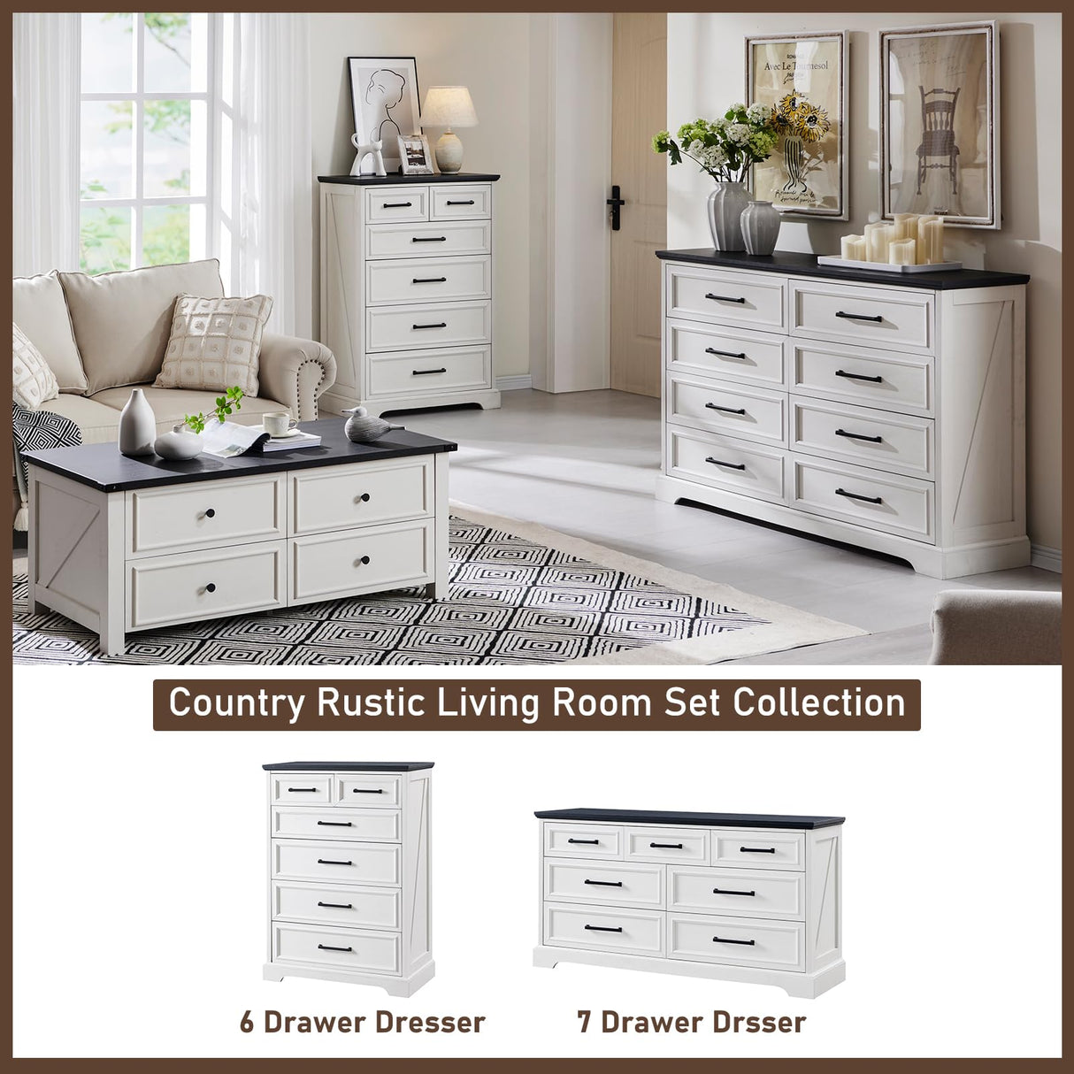 7 Drawer Dresser, 52" Farmhouse Chest of Drawers for Bedroom, Wide Dresser