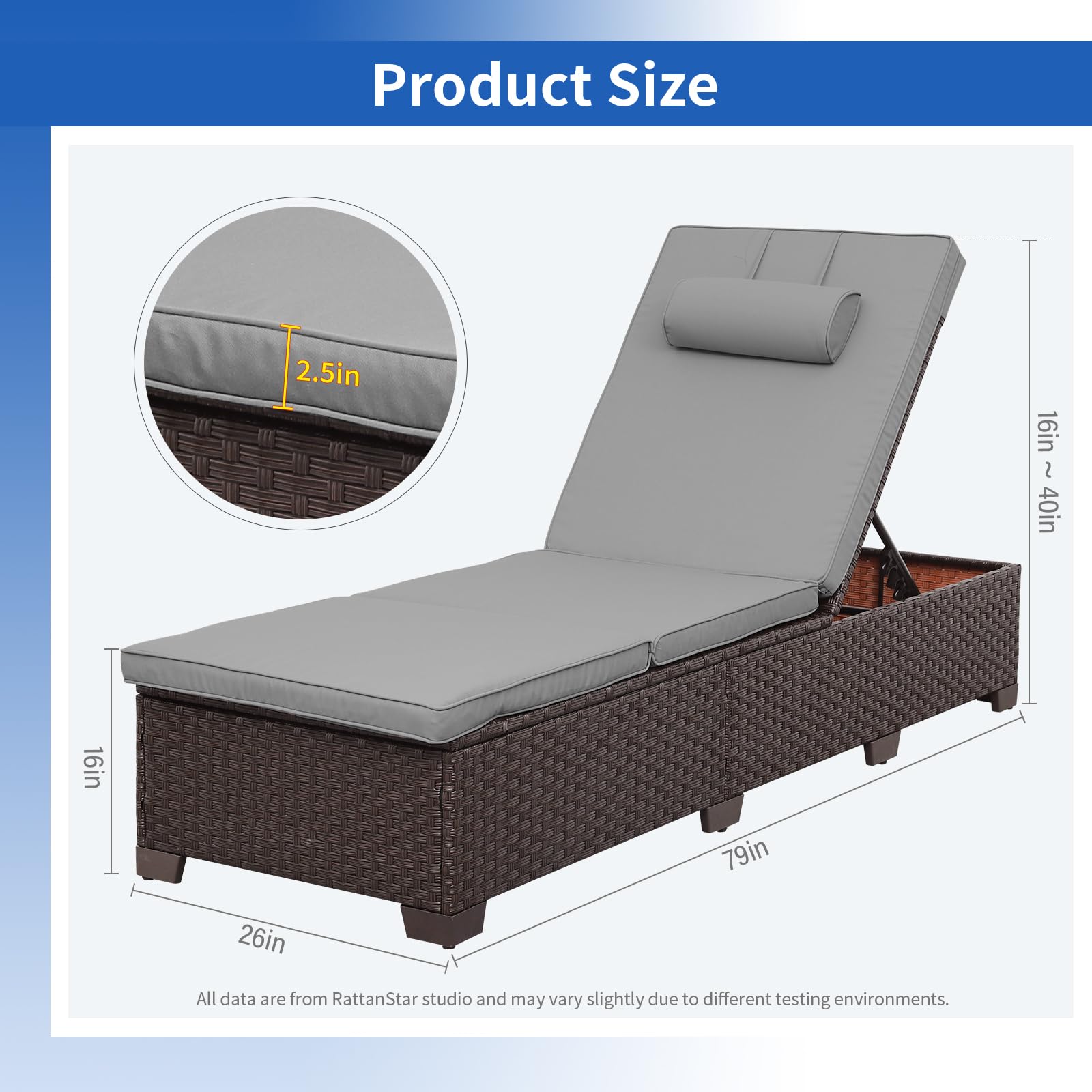 Rattan Star Brown Wicker Patio Chaise Lounge Chairs Set of 2 Outdoor Chaise Lounge Pool Lounge Chairs Poolside Recliner Chairs with Grey Cushions and Headrest