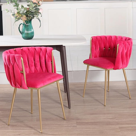 Velvet Dining Chairs Set of 2, Accent Chairs with Gold Metal Legs, Woven Upholstered