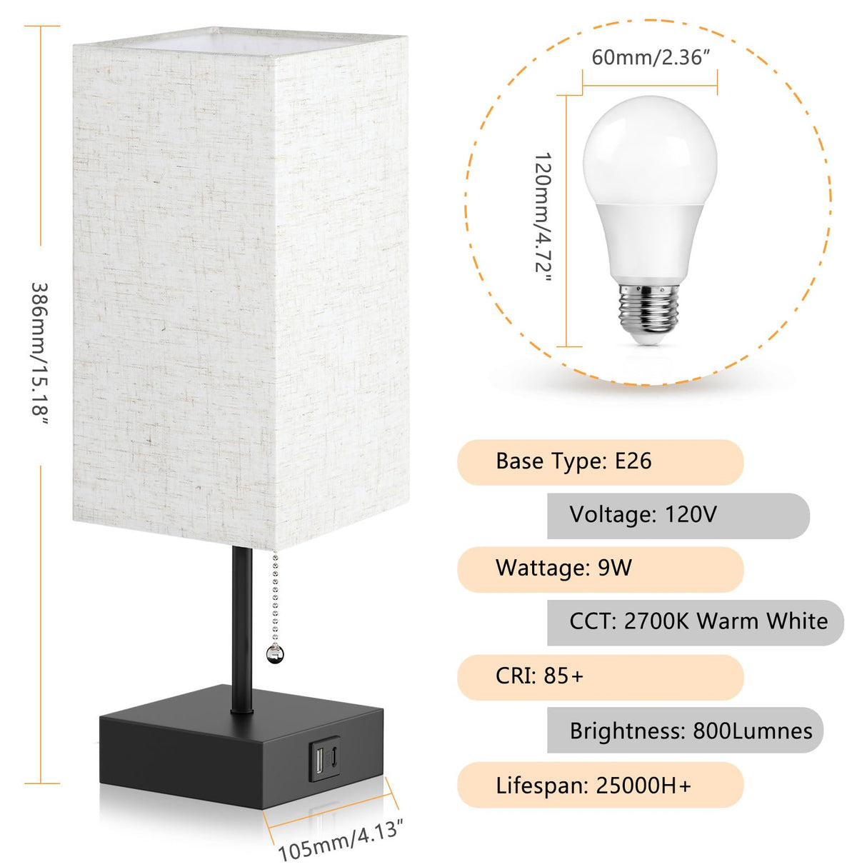 Bedside Table Lamp, Pull Chain Bedroom Lamp with USB C+A Charging Ports, 2700K LED