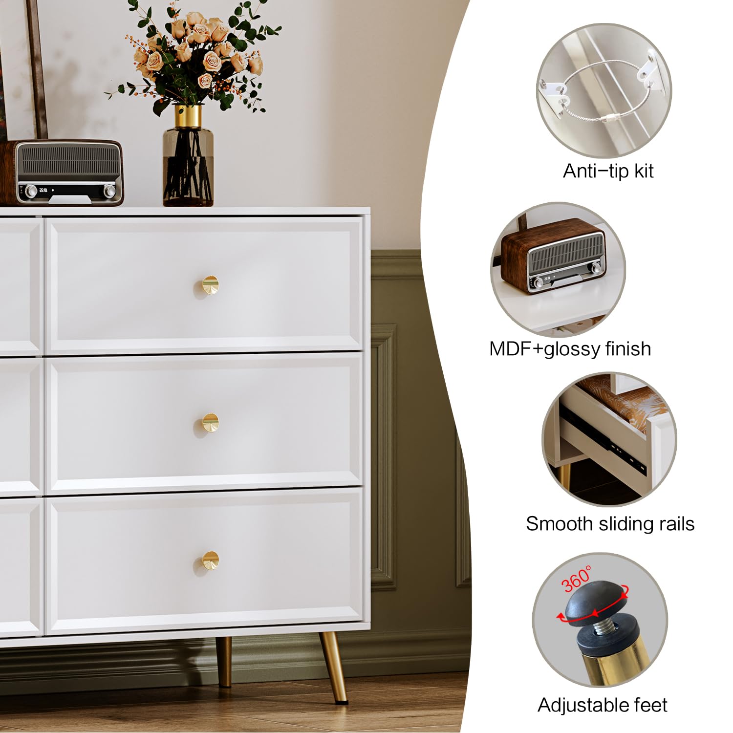 Cream 6 Drawer Dresser for Bedroom, Large Double Dresser with Wide Drawers