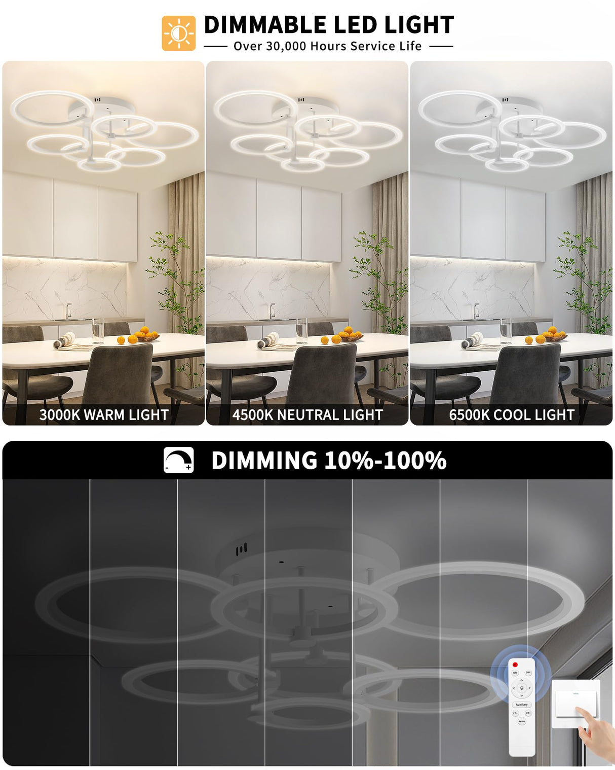 1pc 7 Rings Black and 1pc White Modern Ceiling Light Fixtures with Remote,31.8" 130W