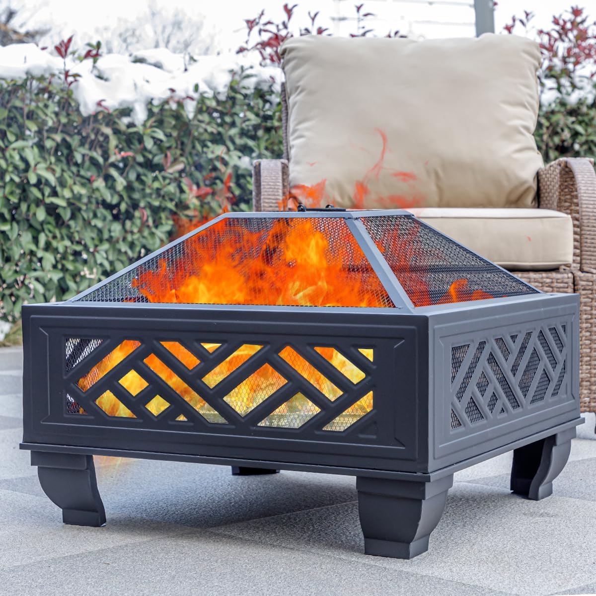 MistMo 26" Steel Square Fire Pit with Grill & Poker, Outdoor Fireplace with Mesh Cover for Patio, Backyard & Garden, Ideal - Bircata