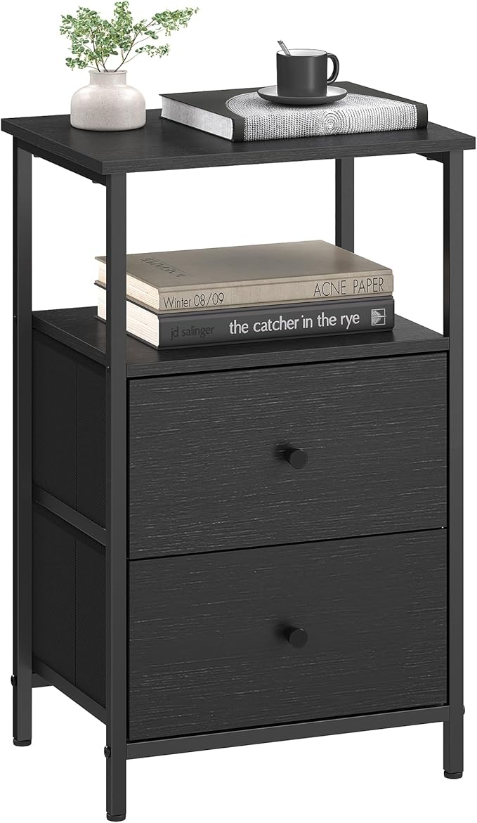 Nightstand, 24-Inch Tall Side Table with 2 Fabric Drawers and Storage Shelf