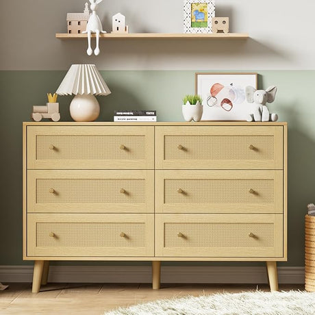 Rattan Dresser for Bedroom, Modern 6 Drawer Double Dresser with Gold Handles