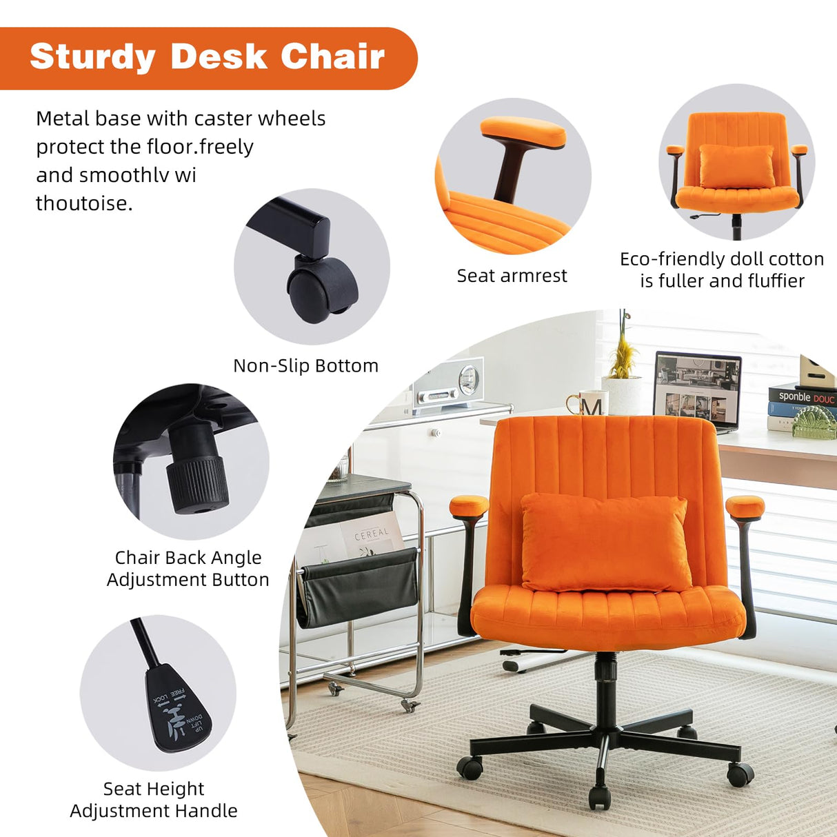 Velvet Ergonomic Office Chair with Adjustable Height & Lumbar Support