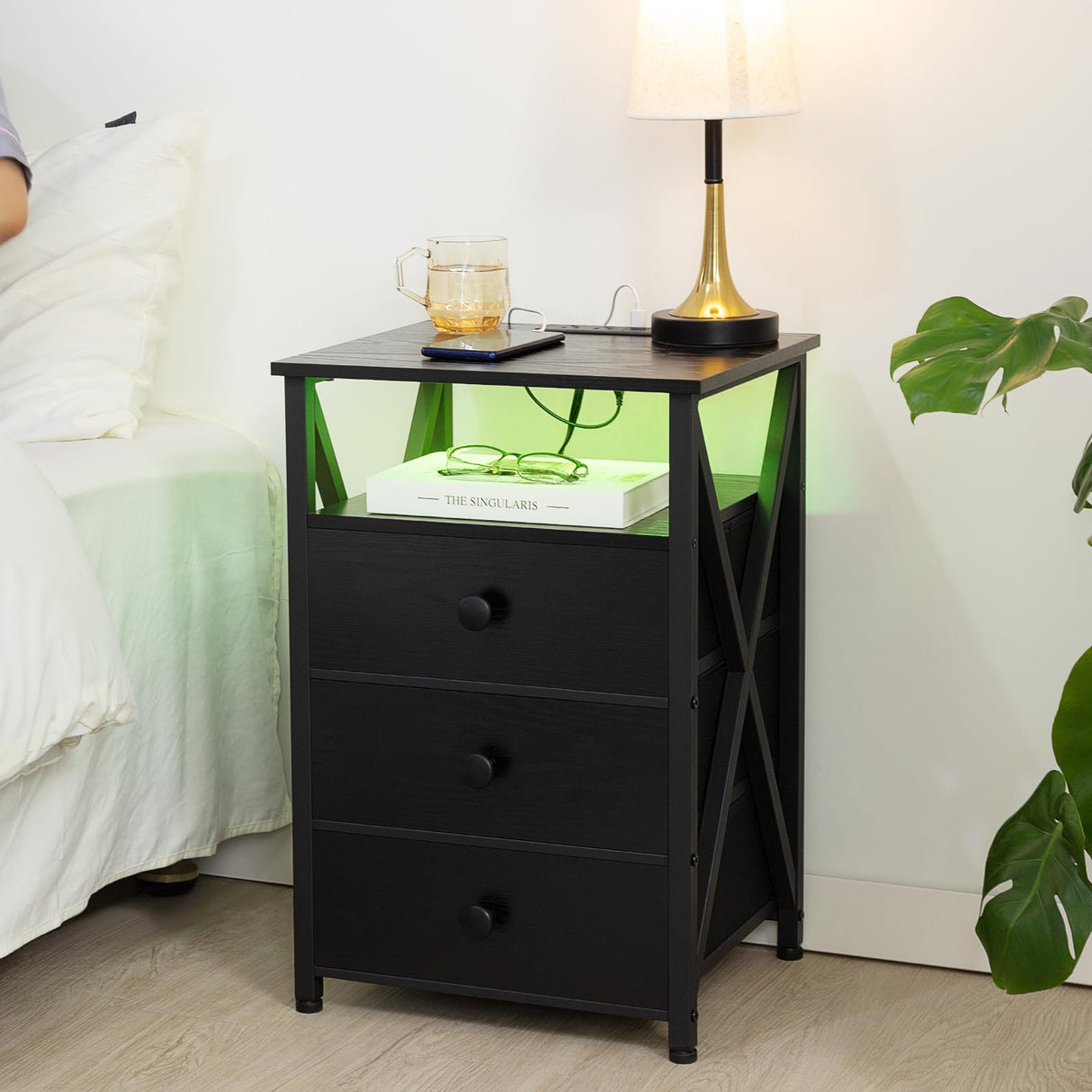 Night Stand Set 2, LED Nightstand with Charging Station, End Side Tables
