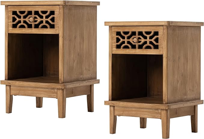 Retro Rustic Nightstand Solid Fir End Table Side Table with Hand Carved Front and Open Shelf for Boho