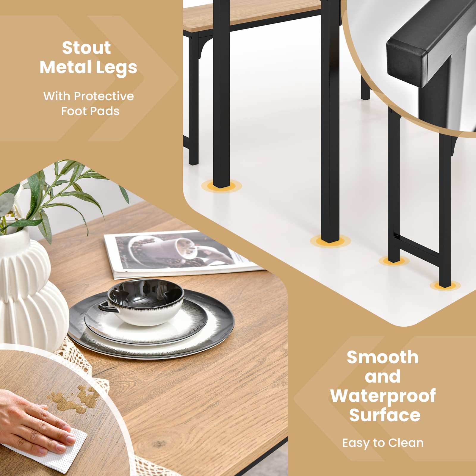 3-Piece Dining Table Set with Bench - Modern Space-Saving Dinette