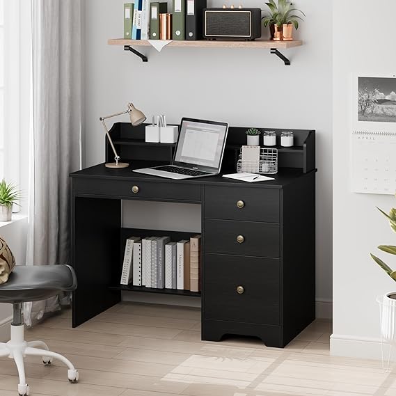 Computer Desk with Drawers and Hutch Shelf, Wood Executive Desk Writing Study