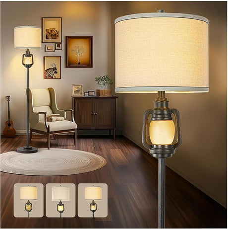 Floor Lamp for Living Room Vintage Standing Lamp with Linen Fabric Hardback Shade