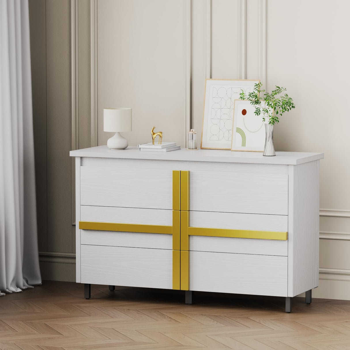 White Dresser for Bedroom, Wood Dresser, 6 Drawer Dresser with Gold Handle, Modern