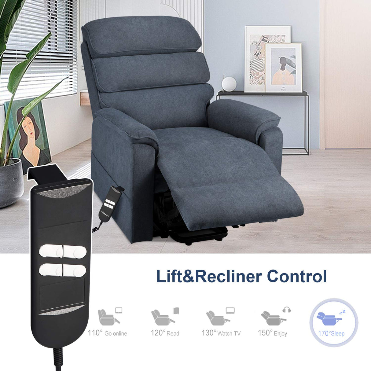 Motor Electric Power Recliner Lift Chair Linen Fabric Electric Recliner for Elderly, Heated Vibration Massage Sofa with Side Pockets & Remote Control, Gray-Blue