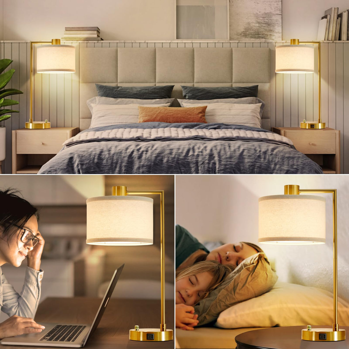 Table Lamp for Bedroom Set of 2 with USB C+A Ports,